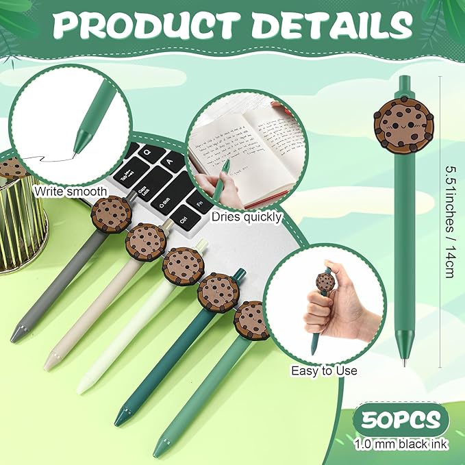 50 Pcs Cookie Ballpoint Pen Bulk Housekeeping Appreciation Gift Retractable Writing 1mm Medium Point Black Ink Green Fancy Gift for Friend Troop Scout Leader Cookie Lover Party Favor