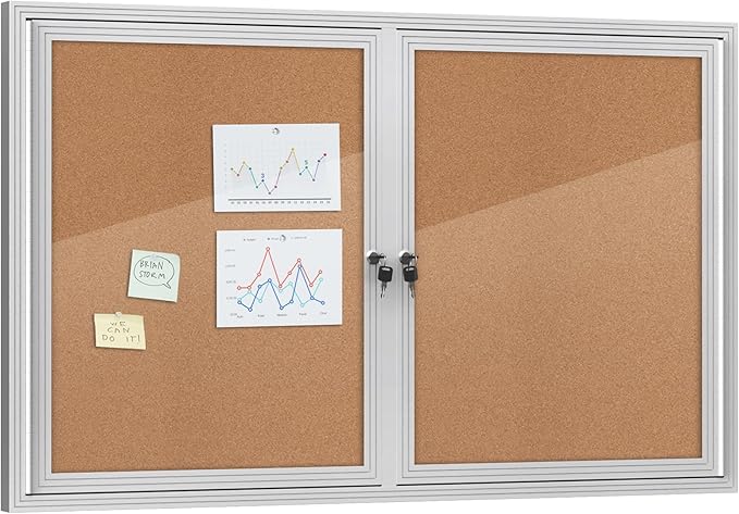 48"x30" Enclosed Bulletin Board, Outdoor Lockable Weather-Resistant Aluminum Cork Noticeboard for School & Office, Silver Frame w/Cork