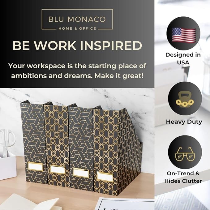 BLU MONACO Set of 4 Stylish Black & Gold Geometric Magazine File Holders with Gold Label Holders – Desk or Bookshelf Storage for Home, Office, Classroom Organization and Décor
