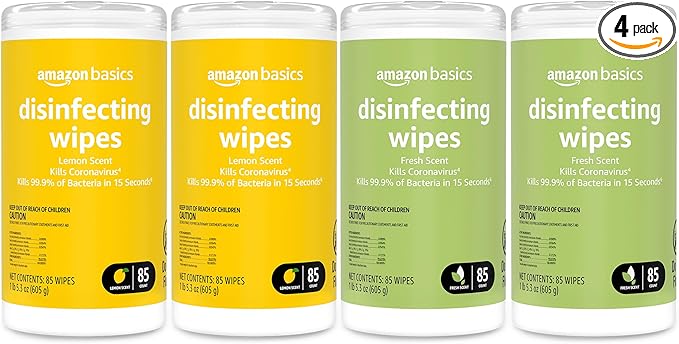Amazon Basics Wipes, Lemon & Fresh Scent, Sanitizes/Cleans/Deodorizes, 340 Count (4 Packs of 85)