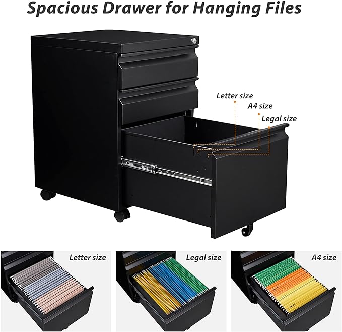 3 Drawer File Cabinet with Wheels, Metal Filing Cabinet with Lock, Office Rolling File Cabinets for A4/Legal/Letter Size, Assembly Required, Black