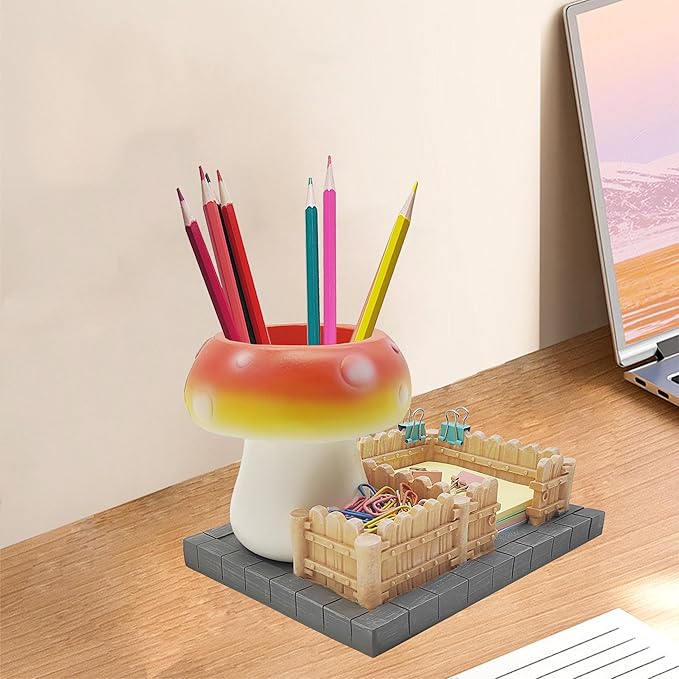Mushroom Desk Organizers,3 Compartments Resin Office Desk Accessories with Pen Holder Sticky Note Holder,Pencil Holder and Paperclips Cup School Office Mushroom Decor
