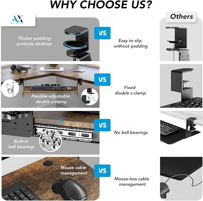 Keyboard Tray Under Desk Pull Out with Extra Sturdy C Clamp Mount System, 27.3 (32.5 inch Including Clamps) x 11 Inch Slide-Out Platform Computer Drawer for Typing Vintage AX01WG02