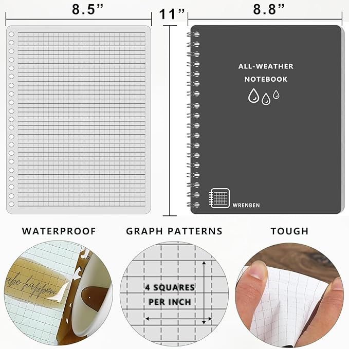 2PCS Waterproof Stone Paper Spiral Notebooks 8.5 x11 with Weatherproof 200 Pages / 100 Sheets and All-Weather PVC Cover Weatherproof Pape Per One (A4, Grey)