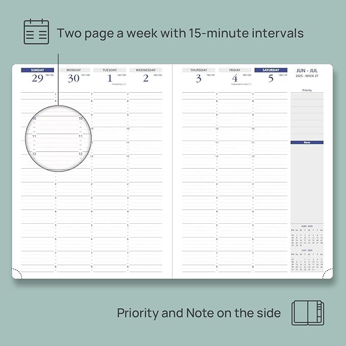 POPRUN Academic Planner 2025-2026, 8.5'' x 11.25'', Quarter-Hourly Appointment Book (July 2025-June 2026) with PU Leather Soft Cover, Dual Pockets, Monthly Tabs, 100GSM Thick Paper - Pacific Green
