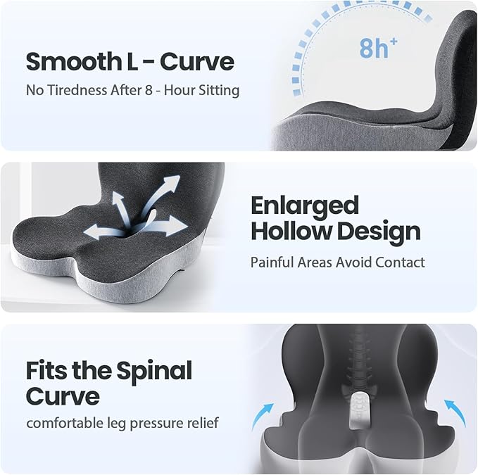 Back and Seat Cushion, 2025 New Ergonomic Non-Slip Memory Foam Seat Cushion with Back Support, L-Shaped Breathable Seat Cushions for Car, Office, Home (Light Gray)