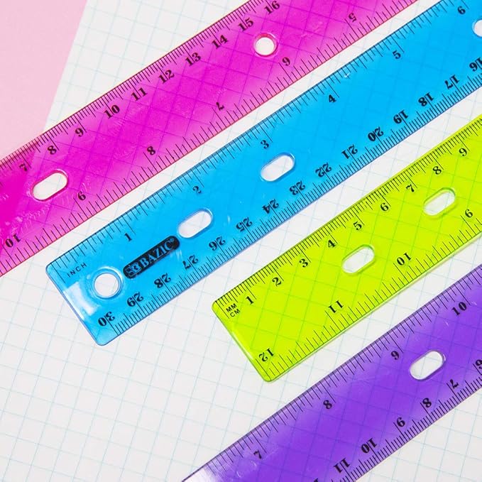BAZIC Jeweltones Color Plastic Ruler 12" (30cm), Inches Centimeter Metric Measuring Drafting Rulers, for Students School Supplies (4/Pack), 1-Pack