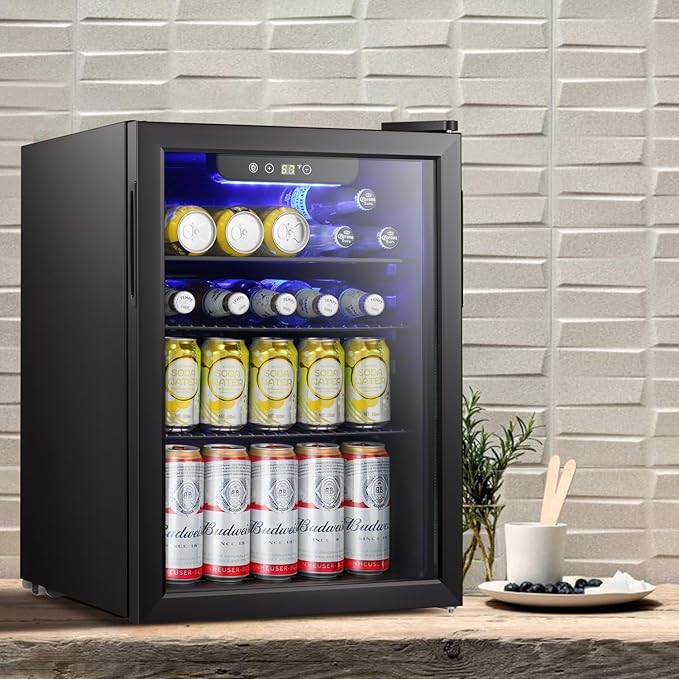 Antarctic Star Beverage Refrigerator Cooler-85 Can Mini Fridge Glass Door for Soda Beer Wine Stainless Steel Glass Door Small Drink Dispenser Digital Display for Home, Office Bar,2.4cu.ft
