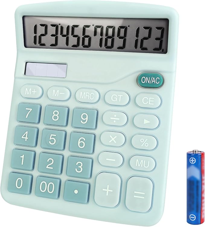 Basic Calculator with Comfortable Large LCD Display, 12 Digits Calculators Desktop, Tilt Screen, Big Button, Desk Calculator with Dual Power (Solar & Battery Included) (Blue)