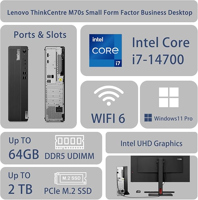 Lenovo ThinkCentre M70s Small Form Factor Business Desktop, Intel 20-Core i7-14700, 64GB DDR5, 2TB SSD, HDMI, DP, Wi-Fi 6, Wired KB & Mouse, Win 11 Pro, Bundle with ADATA UC310 64GB USB Flash Drive