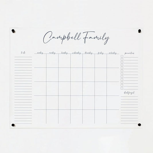 Personalized Clear Acrylic Calendar for Wall, Calendar Whiteboard for Wall, Dry Erase Wall Calendar, Wall Calendar Organizer System for Home (Cursive, Navy, 47.5"W x 36"H)