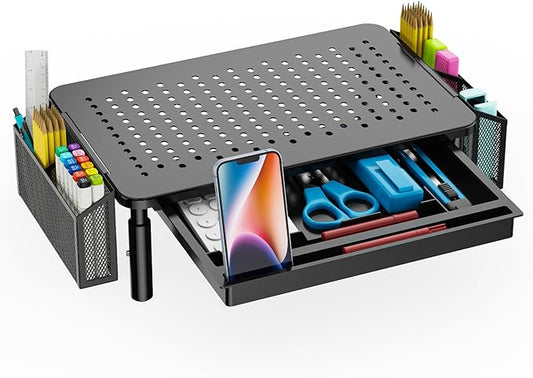 WALI Computer Monitor Stand with Storage, Desk Organizer with Drawer and Pen Holder, Desk Monitor Riser 3 Height Adjustable, Laptop Riser for Computer, Laptop, Printer (STT003DH-B), 1 Pack, Black