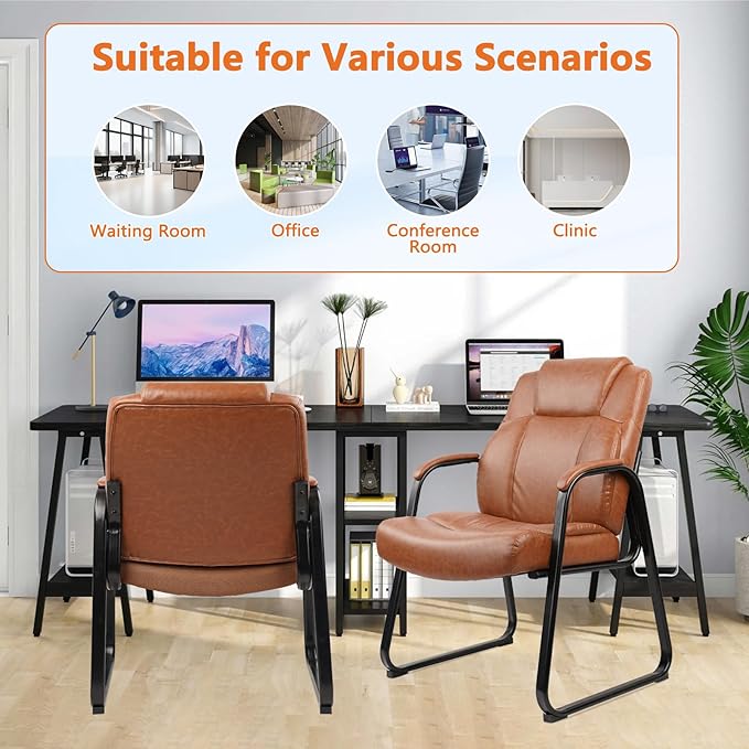 CLATINA Big & Tall 500 lb. Guest Chair, PU Leather Office Reception Chairs with Sled Base, Desk Chair No Wheels for Waiting Room Conference Lobby Computer Living Room, Brown, 2 Pack