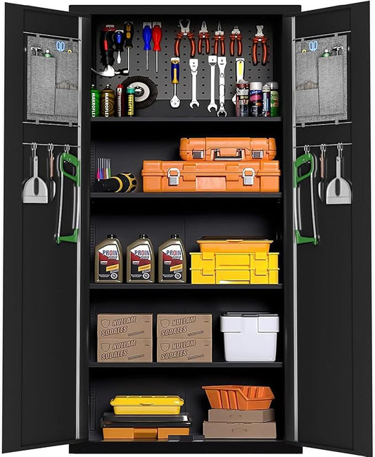 Greenvelly Storage Cabinet with Pegboard,72" Black Garage Steel Locking Cabinet with Doors and 4 Adjustable Shelves,Metal Garage Cabinet for Home Office,Pantry,School(36" Wx18 D)