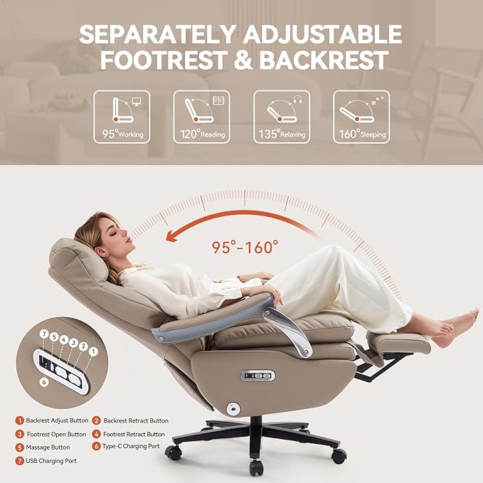 Dual Motor Electric Genuine Leather Executive Office Chair with Foot Rest, Comfortable Reclining Office Chair with Massage, Big and Tall High Back Comfy Ergonomic Home Office Desk Chairs 400lbs, Khaki