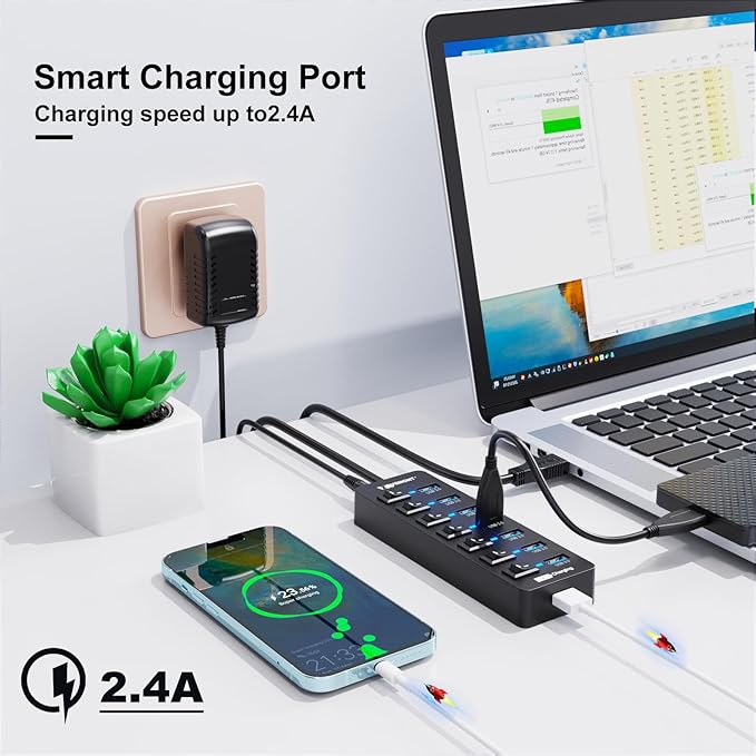 Powered USB Hub 3.0,VEMONT 7 Ports Multi USB hubs and 1 USB Smart Charging Port with 5V/3A Power Supply,USB Extension Splitter with Individual On/Off Switches and 4ft/1.2m Long Cable for PC/Laptop