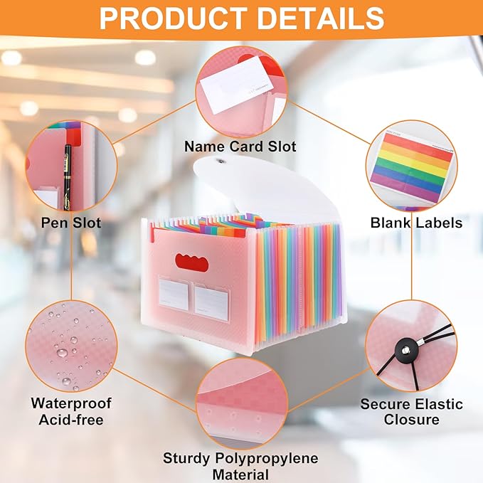 Accordion File Organizer, 24 Pockets Expanding File Folders, Portable Letter A4 Size Filing Box with Colored Labels and Expandable Cover, Monthly Bill Receipt Documents Organizer Pink