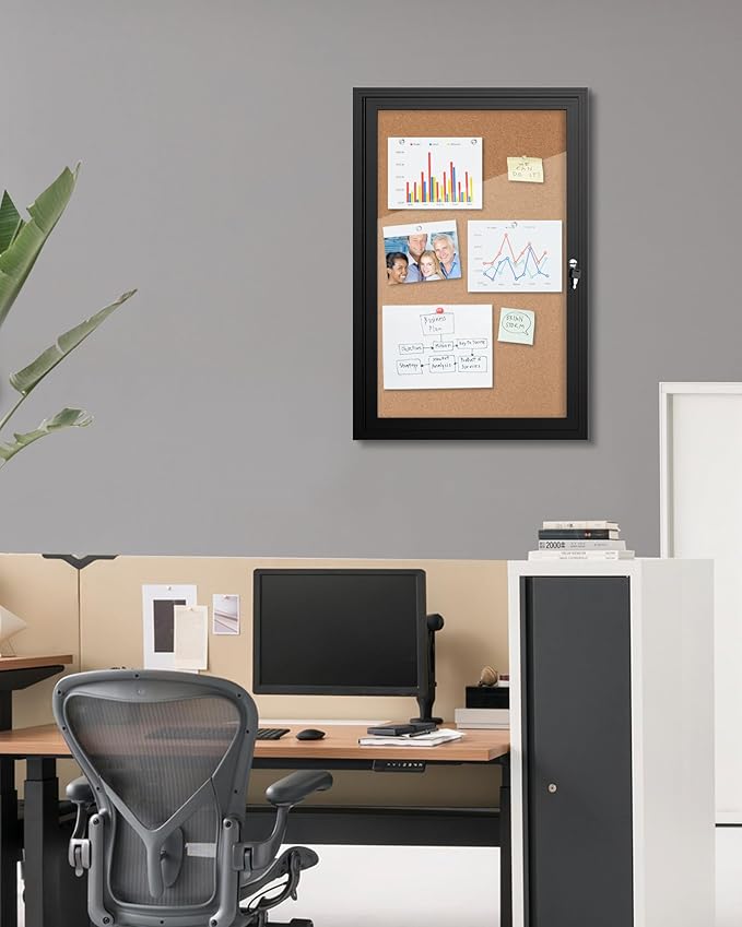 36"x24" Enclosed Bulletin Board, Outdoor Lockable Weather-Resistant Aluminum Cork Noticeboard for School & Office Hospital, Black Frame w/Cork