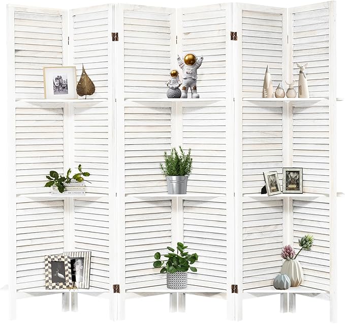 NicBex 6 Panel Room Divider,5.6FT Wood Carved Room Dividers with Display Shelves Folding Privacy Screens Portable Freestanding Partition Wall Dividers for Room Separation,Home Bedroom Office,White