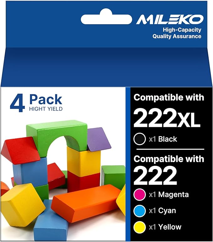 222XL Ink Cartridges Combo Pack Remanufactured Replacement for Epson 222 Ink Cartridges for Epson 222 XL 222XL for Epson XP-5200 Printer for Workforce WF-2960 Printer (4 Pack, 222 Ink)