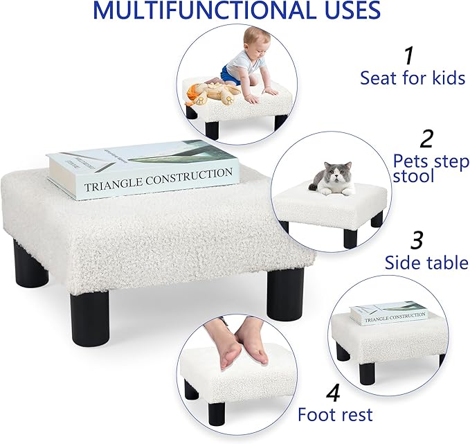 Joveco Small Foot Rest Stool Ottoman, Square Boucle Upholstered Footrest with Plastic Legs, Under Desk Footstool for Chair, Office, Living Room, White