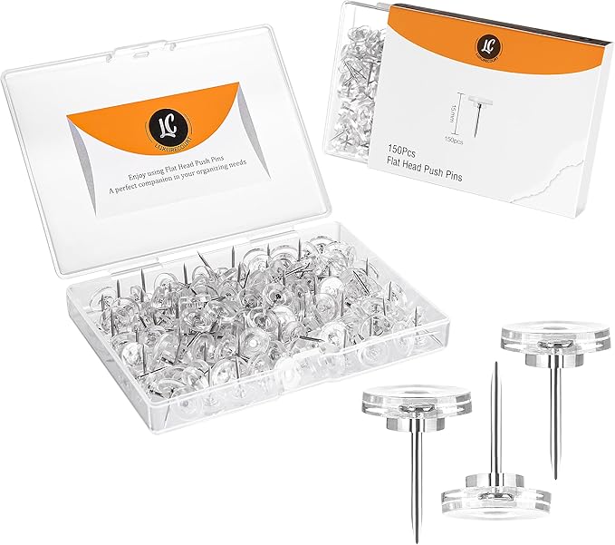 150 Pack Clear Push Pins Tacks by Luxurecourt, Flat Head Thumbtacks for Bulletin Board, Wall Hanging, Cork Board, Shadow Box, Heavy Duty Plastic Head with Steel Point in Reusable Storage Box.