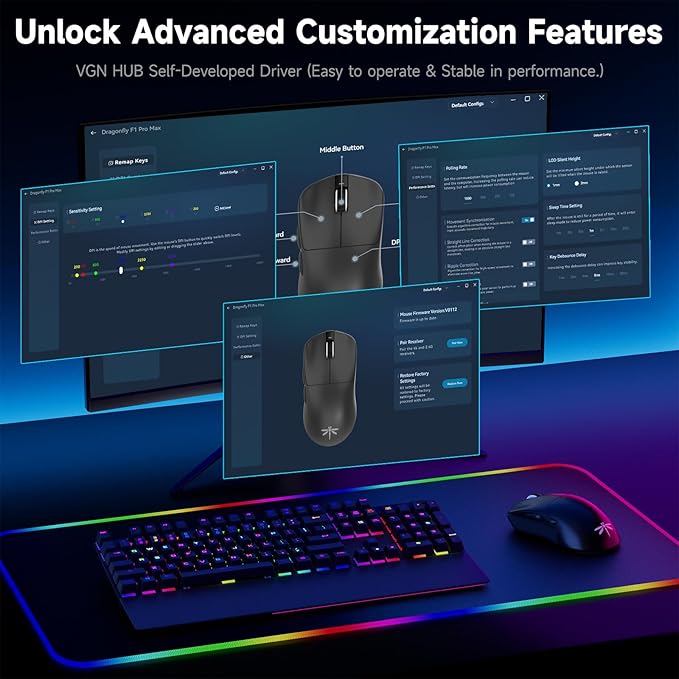 VGN F1 Pro Max Wireless Gaming Mouse - 55g Ultralight - 26000 Adjustable DPI - 1000Hz Polling Rate - 200h Battery - Wireless & Wired Mode - 6 Programmable Buttons - Professional Grade - USB-C - Black