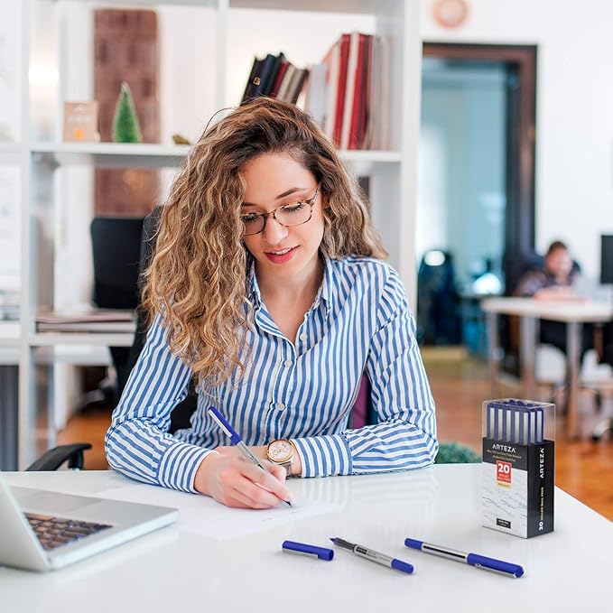 ARTEZA Rollerball Pens, Pack of 20, 0.5mm Blue Liquid Ink Pens for Bullet Journaling, Fine Point Rollerball, Office Supplies for Writing, Taking Notes & Sketching