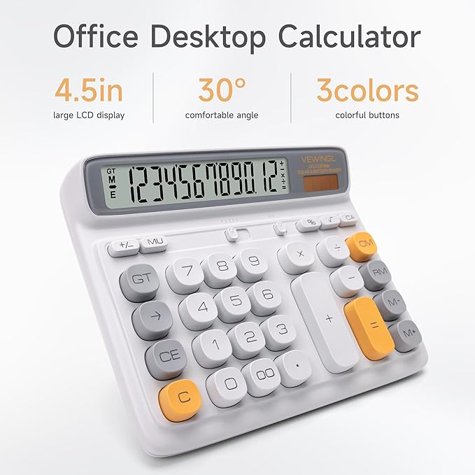 VEWINGL Desktop Calculator, 12-Digit Large LCD Display, Big Computer-Style Keys, Dual Power (Solar & Battery), Auto Sleep Mode, for Office, School, Home & Business 7.5″ x 6.1″ (Gray, L)