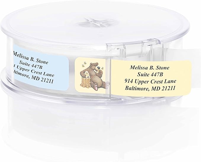 Bears Designer Assorted Rolled Address Labels with Elegant Plastic Dispenser