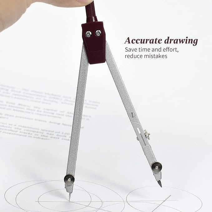 Drawing 9Pc Geometry Set Metal Compass, Geometry Precision Tool for Student, Circle Drawing Tool and Architecture, Drafting Kits for Engineer with Shatterproof Storage Box (Red)