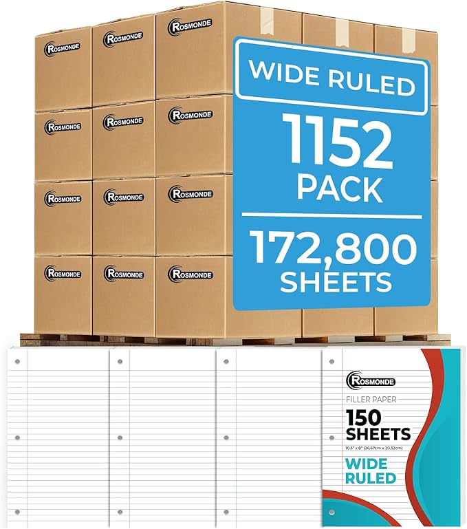 1152 Pack (Pallet) Loose Leaf Paper Bulk, 172800 Sheets, Wide Ruled, Pallet of Filler Paper, 150 Sheets/Pack, 8 x 10.5", 3 Hole Punched, 56 Gsm Thick Sheets, School & Office, 4-7 Days Transit