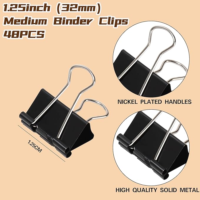 Binder Clips,Qimailer Medium Clips,48 Pcs,1.25 Inch,Black Metal Binder Clips and Paper Clips for Office, Home, School