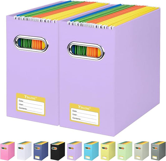 BALEINE File Organizer Box, Cardboard File Folder Organizer with Handle for Letter Size, Portable Collapsible Hanging Filing Box for Home Office Document Storage (2 Pack, Lavender)