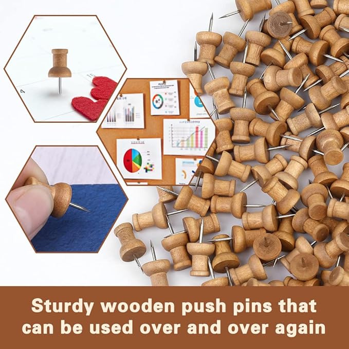 150 Pcs Push Pins for Cork Board, Decorative Thumb Tacks Wooden Push Pins Head Pin Wood Map Tacks Marking Pin, Wood Thumb Tacks Decorative for Bulletin Boards Craft Projects with Storage Box, Coffee