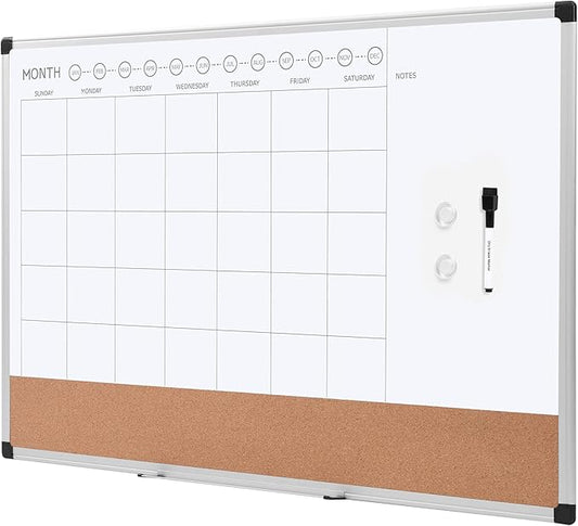 Amazon Basics 24" x 36" Monthly Whiteboard Calendar with Cork Board, Wall Mounted, Easy to Install, Silver Aluminum Frame