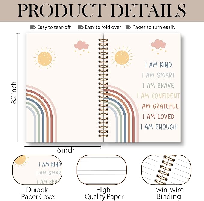 Inspirational Rainbow Notebook Journal - Motivational Nursery Spiral Notebook, I am Kind Inspirational Notebooks Gifts for Kids Girls, Daily Affirmations for Women School Supplies, 6x8.2In