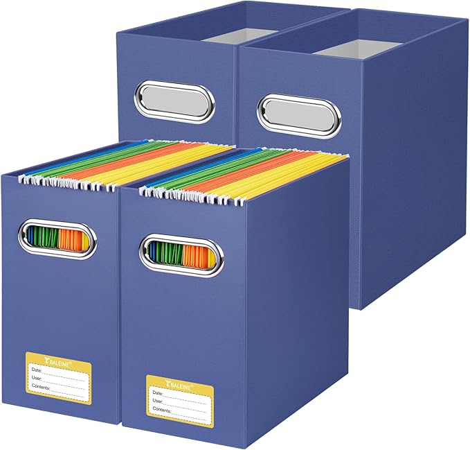 BALEINE File Organizer Box, Cardboard File Folder Organizer with Handle for Letter Size, Portable Collapsible Hanging Filing Box for Home Office Document Storage (4 Pack, Navy)