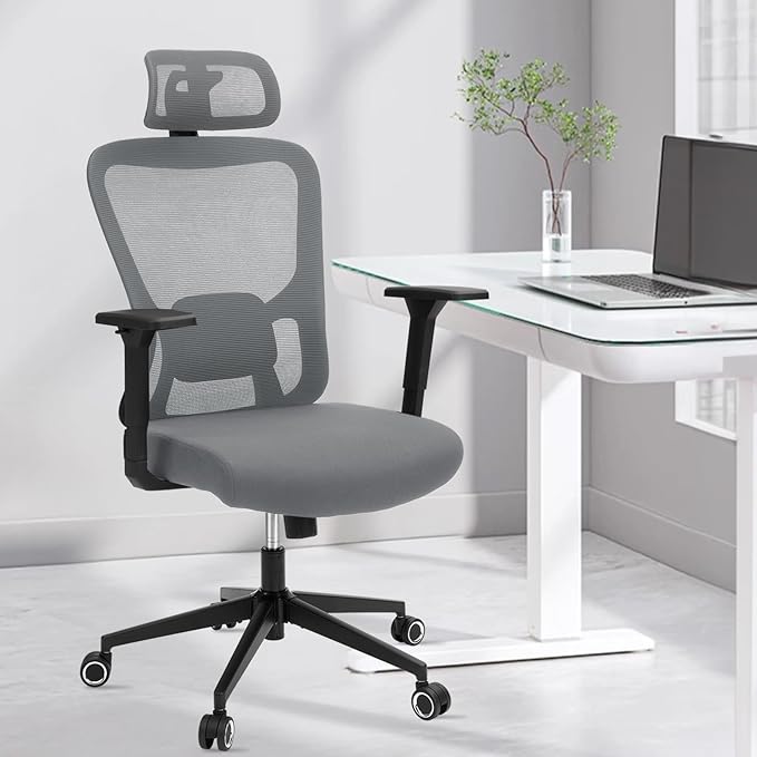 Ergonomic Desk Office Chair, High Back Home Computer Chair with Adjustable Swivel 3D Armrests for Comfort Lumbar Supports Up to 400lbs (Grey)