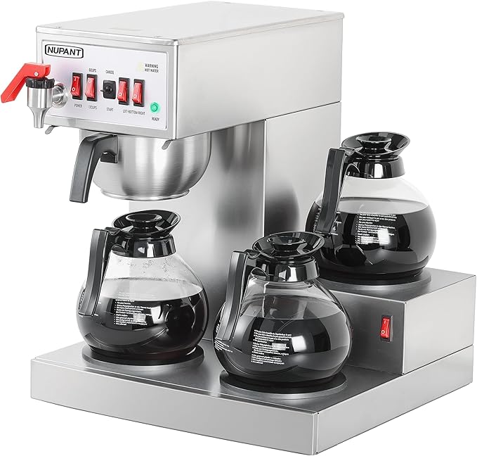 12 Cup Commercial Coffee Maker Auto Filling Drip Coffee Maker Machine with 3 Glass Carafes 3 Warmers Stainless Steel Pour Over Coffee Brewer with Hot Water Dispenser for Restaurant Office Cafe