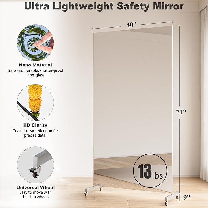 Brisafe Home Gym Mirror 71'' x 40'' - Rolling Safety Mirror for Dance Studio & Yoga, Ultra Clear Nano Material Full-Length, Oversized Shatterproof Floor Mirror With Wheels, 13LBS, White