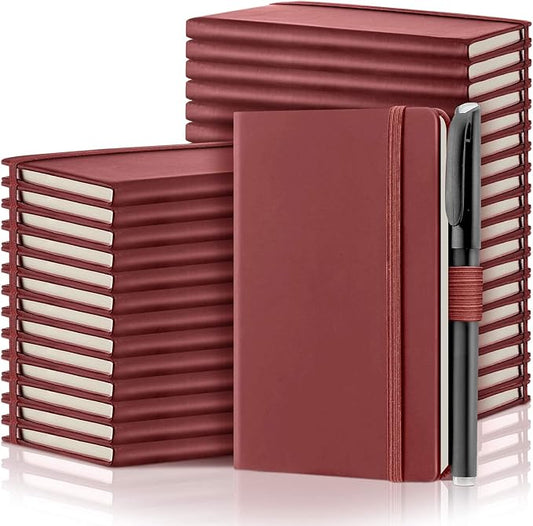 Laumoi Pocket Notebook Journals with Pens A6 Cute Small Journal Notebook Ruled Lined Mini Notepad Hardcover Executive Notebooks Set with Pen Holder for School Office, 3.7 x 5.7 Inch (Burgundy)