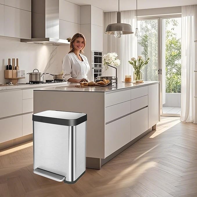 10 Gallon Stainless Steel Trash Can with Removable Inner Bucket, Soft Close Lid, and Hands-Free Foot Pedal - Modern Kitchen Waste Bin
