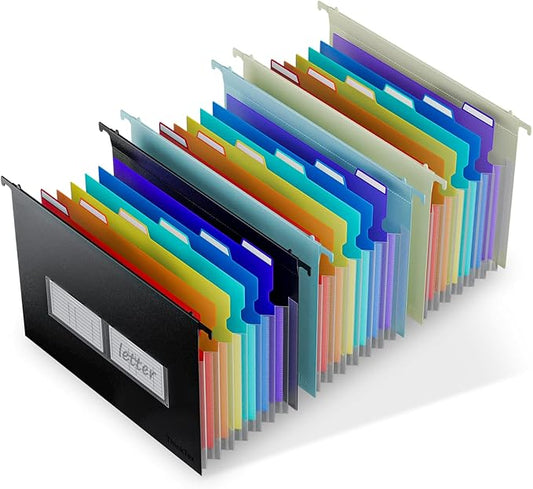 ThinkTex Plastic Expanding Hanging File Folders, 7 Innovative 1.2" Accordion Pockets, Large Capacity, Multi-Color Tabs, Letter Size for Filing Cabinet - 3 Packs 3 Colors