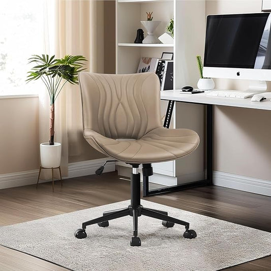 Office Chair, Armless Desk Chair with Wheels, Ergonomic Comfy Home Office Computer Task Chairs,Faux Leather Padded Cute Vanity Chair, Adjustable Height Swivel Chair with Back, Khaki