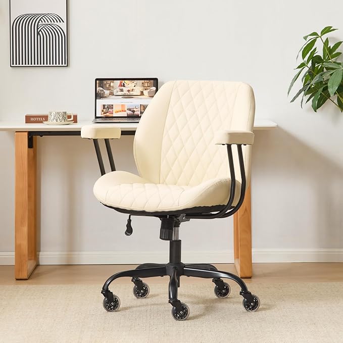 YFO Home Office Desk Chair Office Rubber Casters Ergonomic Computer Chair with Lumbar Support Adjustable Height Rolling Swivel Executive Task Armrests Chair， White Leather