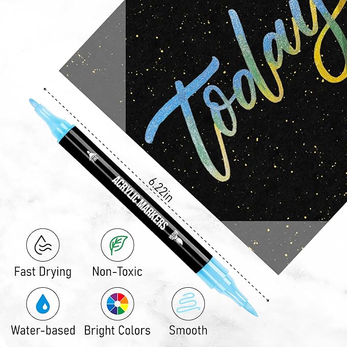 24 Metallic Colors Acrylic Paint Markers, Dual Tip with Fine Tip and Brush Tip Pens for Stone, Wood, Calligraphy, Canvas, Ceramic, Metal, Glass, Rock Painting, DIY Crafts