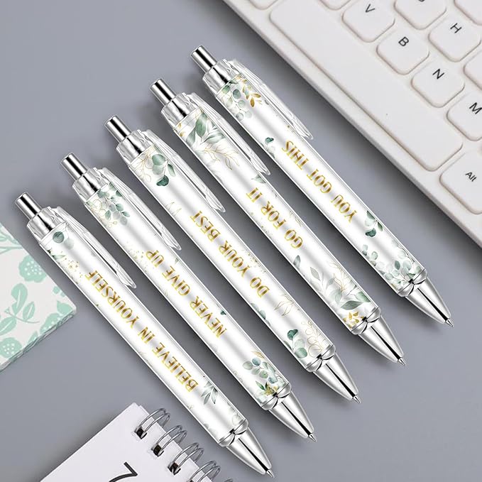 30PCS Inspirational Ballpoint Pen Green Eucalyptus Leaves Ballpoint Pen Employee Appreciation Gift Bulk Motivational Pens Black Ink Pens Set for School Teacher Office Employee Party Favors