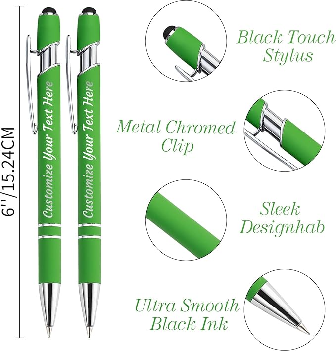 Personalized Pens Bulk 50 with Name Custom Engraving Ballpoint Pens with Stylus Tip Customized Smooth Writing Pens Personalized Gifts for Anniversary Birthday or Graduation(Light Green,Black Ink)