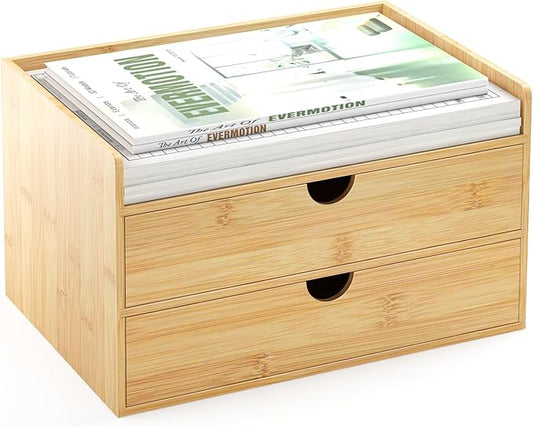 Desk Organizer with Drawers - Bamboo Desktop Organizer Storage | Wood Desk Drawers Organizer for Bills, Office Supplies, Cosmetics, Seals No Assembly Required (2 Drawer)